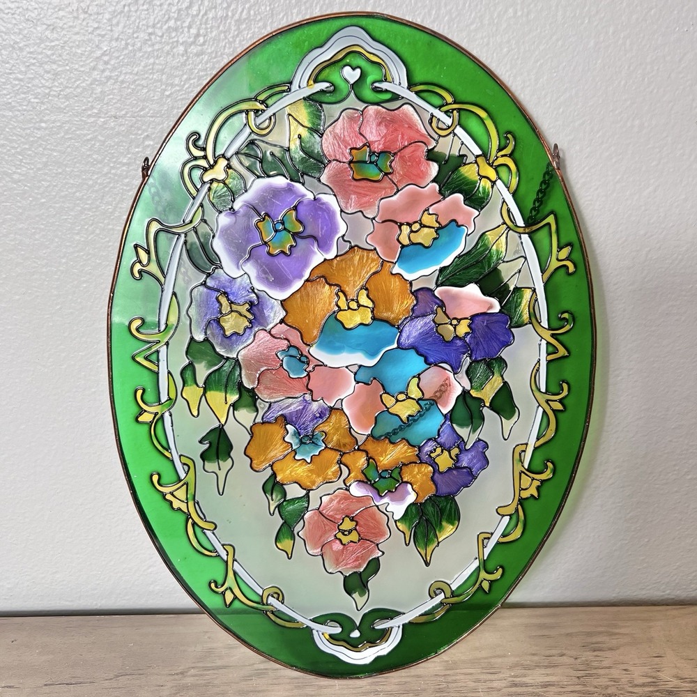 Amia Hand Painted Floral Stained‎ Glass Oval Window Panel 14.25x10.25 Suncatche